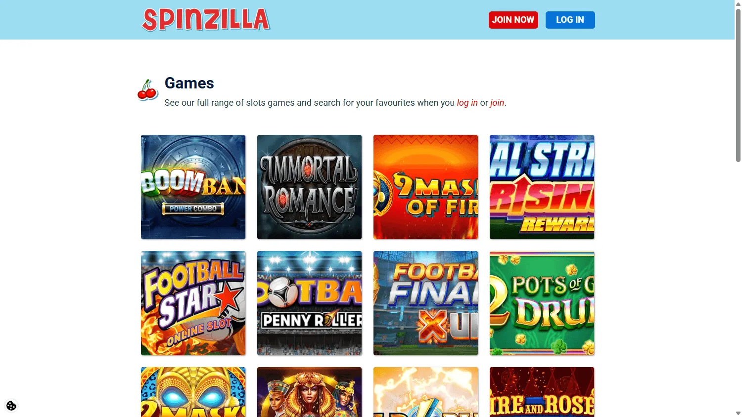 Spin It Casino desktop game library with slots, live casino and other game categories