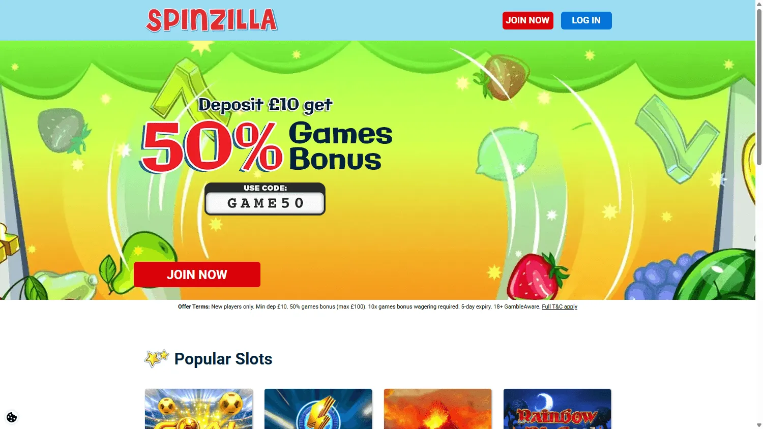 Spin It Casino desktop home experience with casino access, cashier and promotions