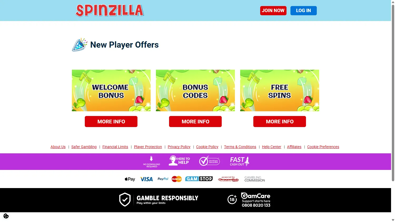 Spin It Casino desktop promotions including welcome, reload and cashback offers